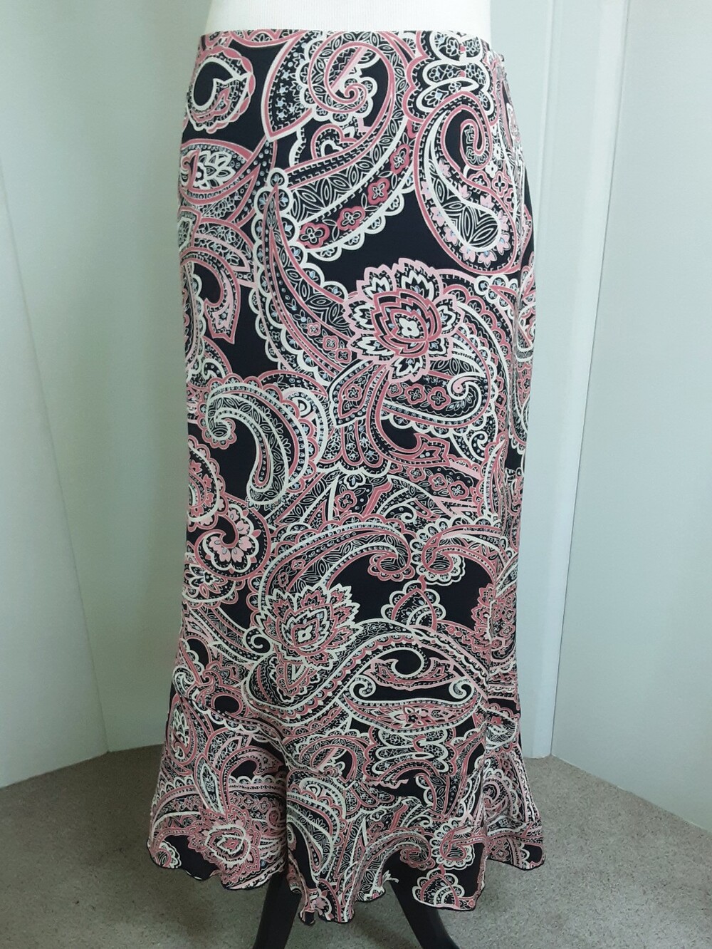 Harold's 100% Silk Pink Paisley Flounce Hem Maxi Skirt Sz 14 - Vtg